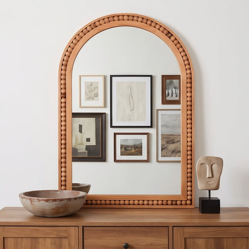 Large Arched Wood Wall Mirror with Beaded Frame for French Country