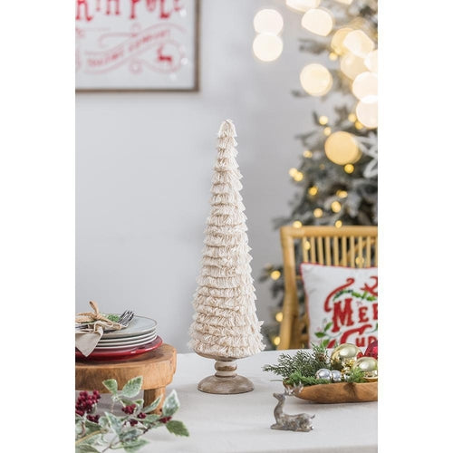 Small Cream Fringe Christmas Cone Tree with Wood Base for Seasonal