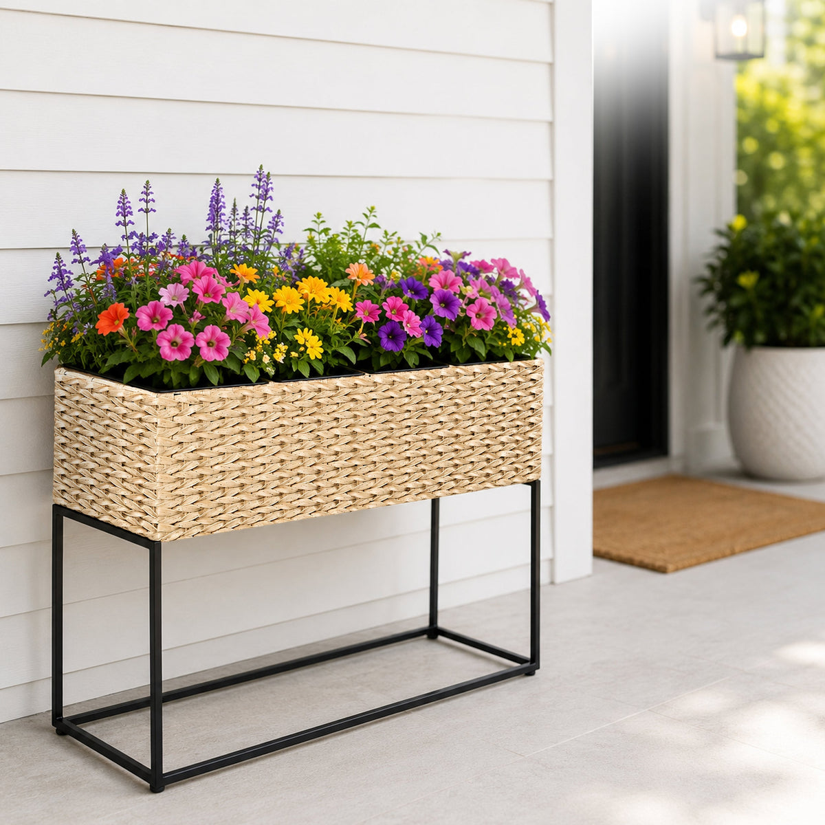 Raised Resin Wicker Planter with Steel Stand and Three Inserts for
