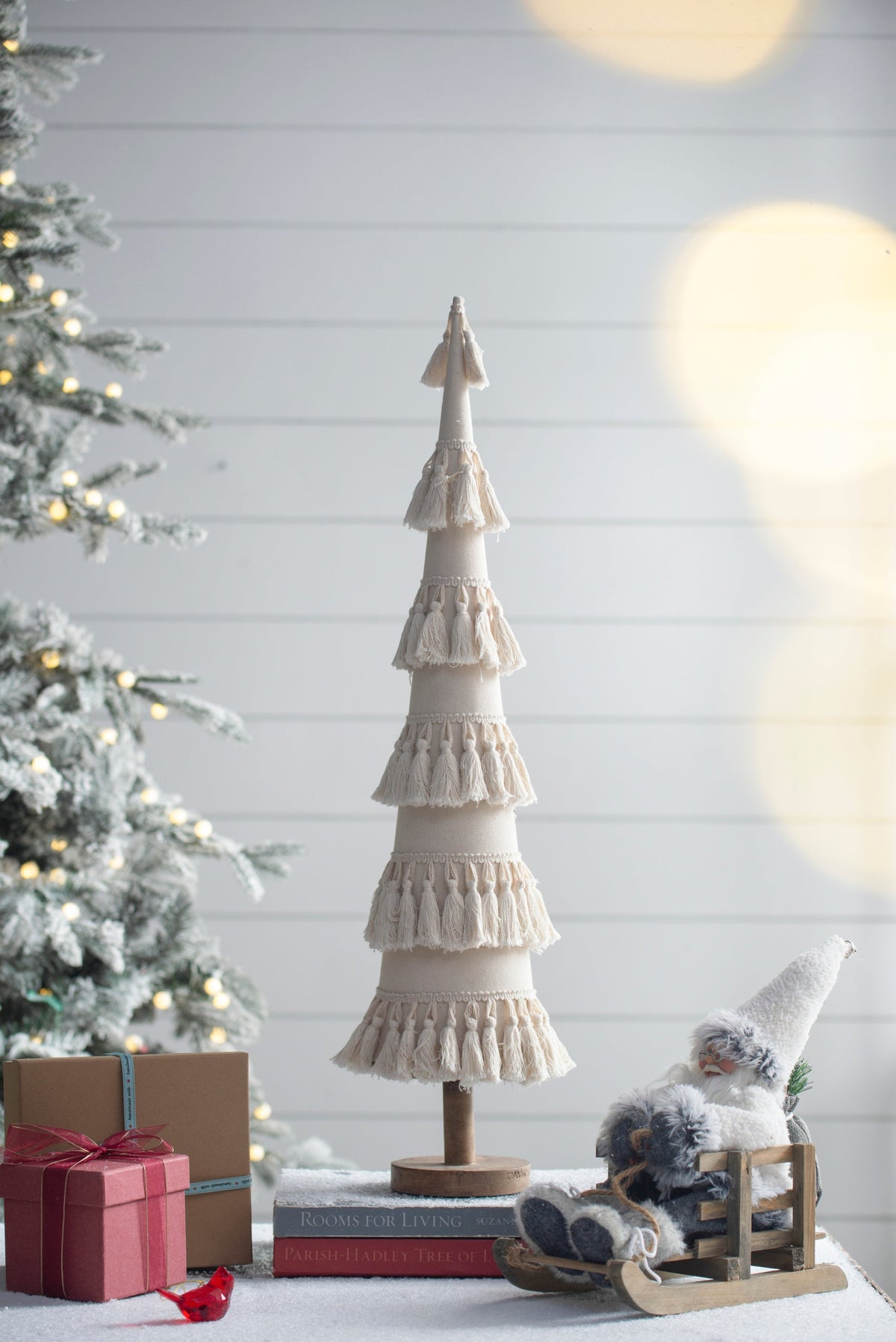 Cream Tassel Fringe Christmas Tree with Wood Base for Holiday Mantels