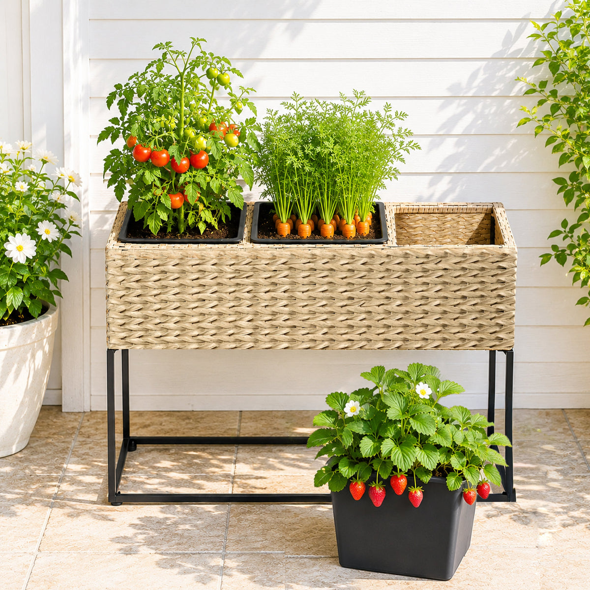 Raised Resin Wicker Planter with Steel Stand and Three Inserts for