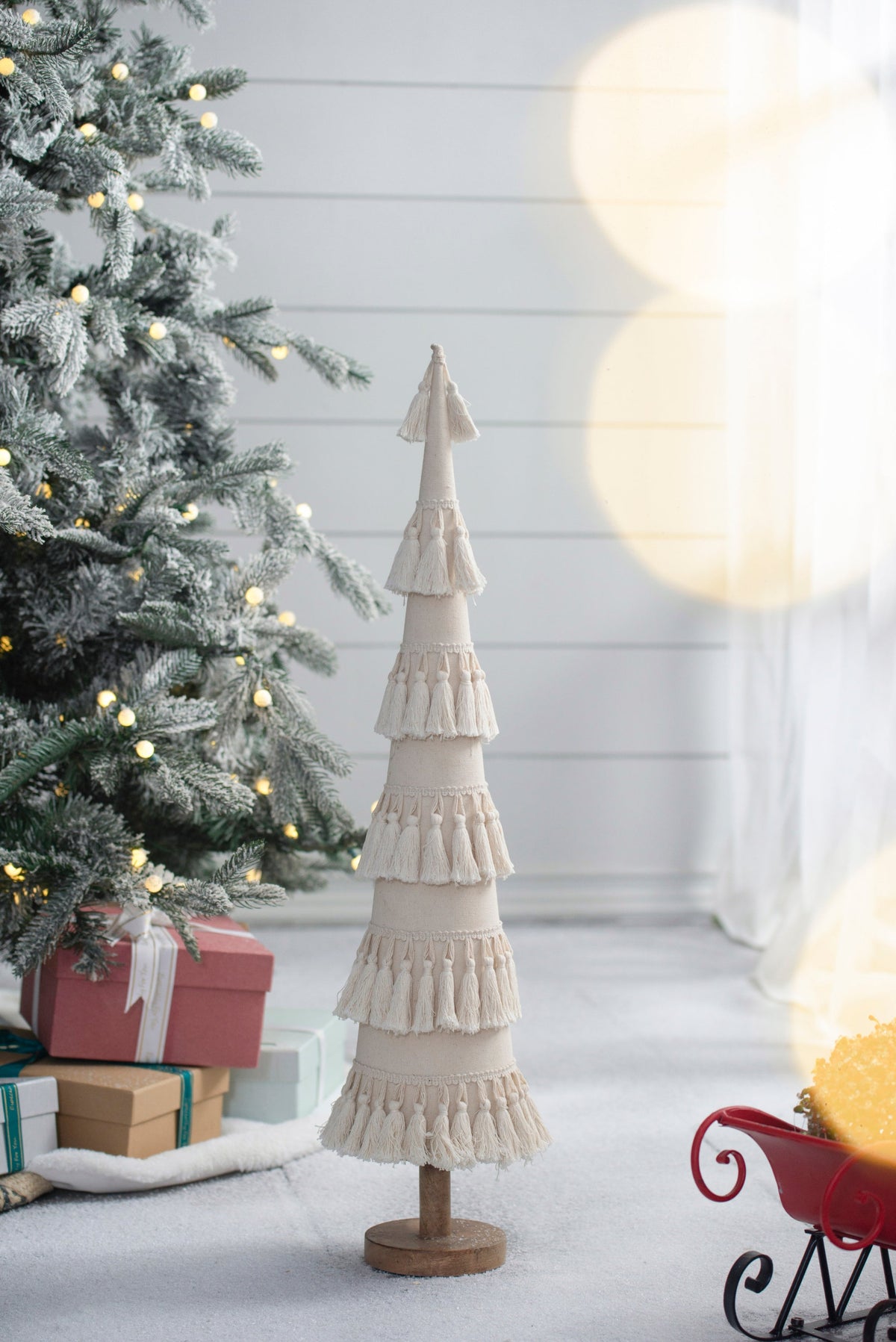 Cream Tassel Fringe Christmas Tree with Wood Base for Holiday Mantels