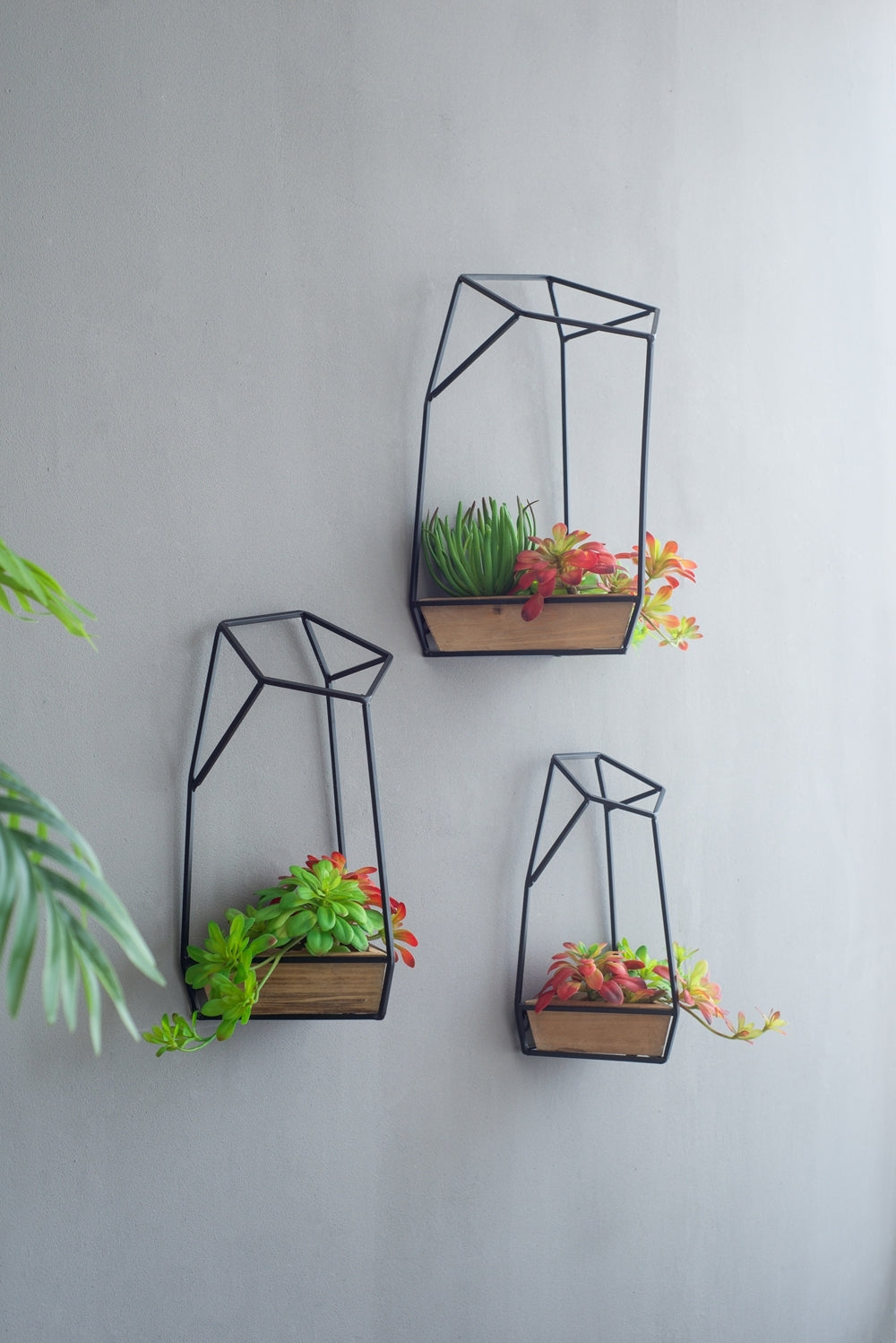 Set of 3 Black Metal & Wood Geometric Wall Planters