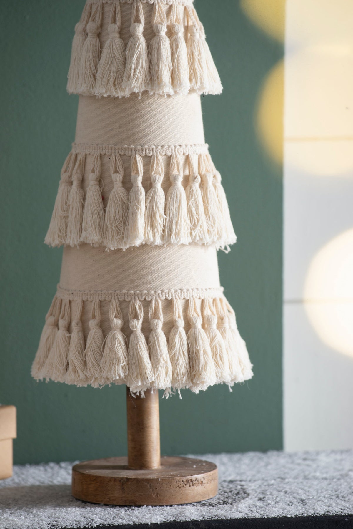 Cream Tassel Fringe Christmas Tree with Wood Base for Holiday Mantels