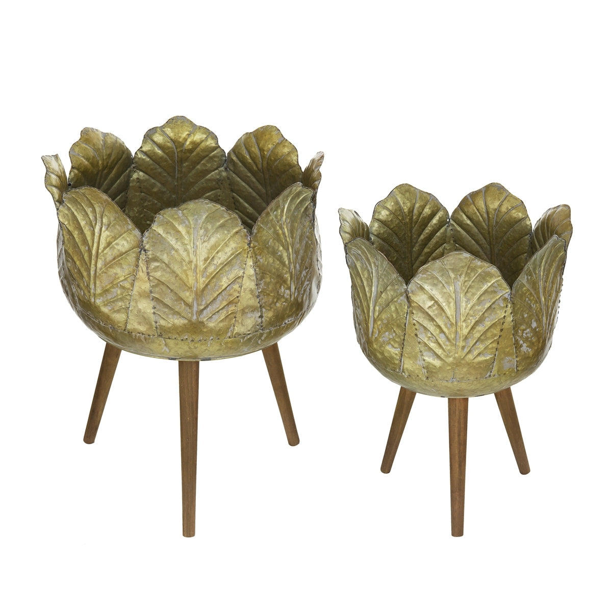 Set of 2 Distressed Metal Planters on Wood Legs, Antique Yellow