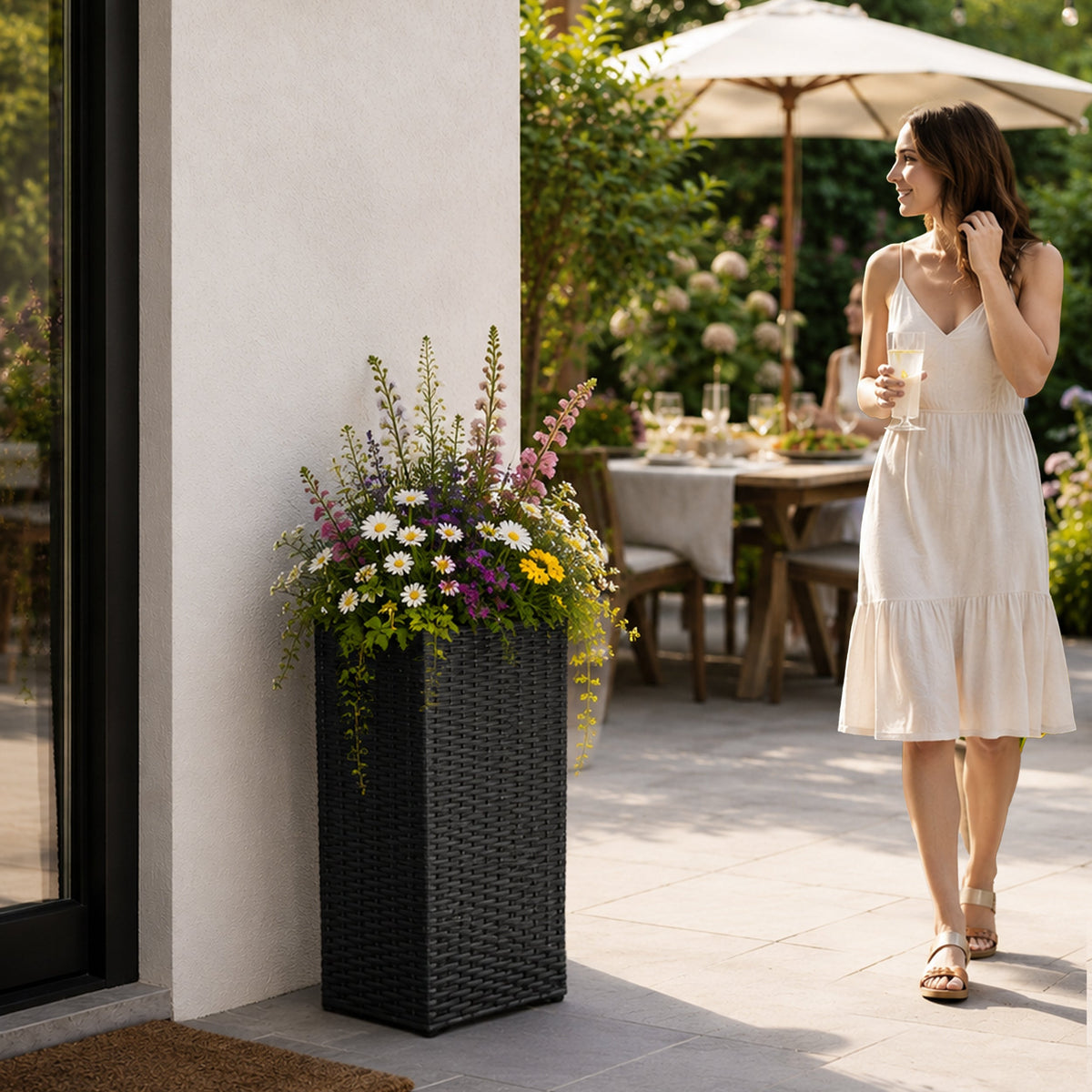 Tall Black Resin Wicker Planter with Tapered Shape and Removable