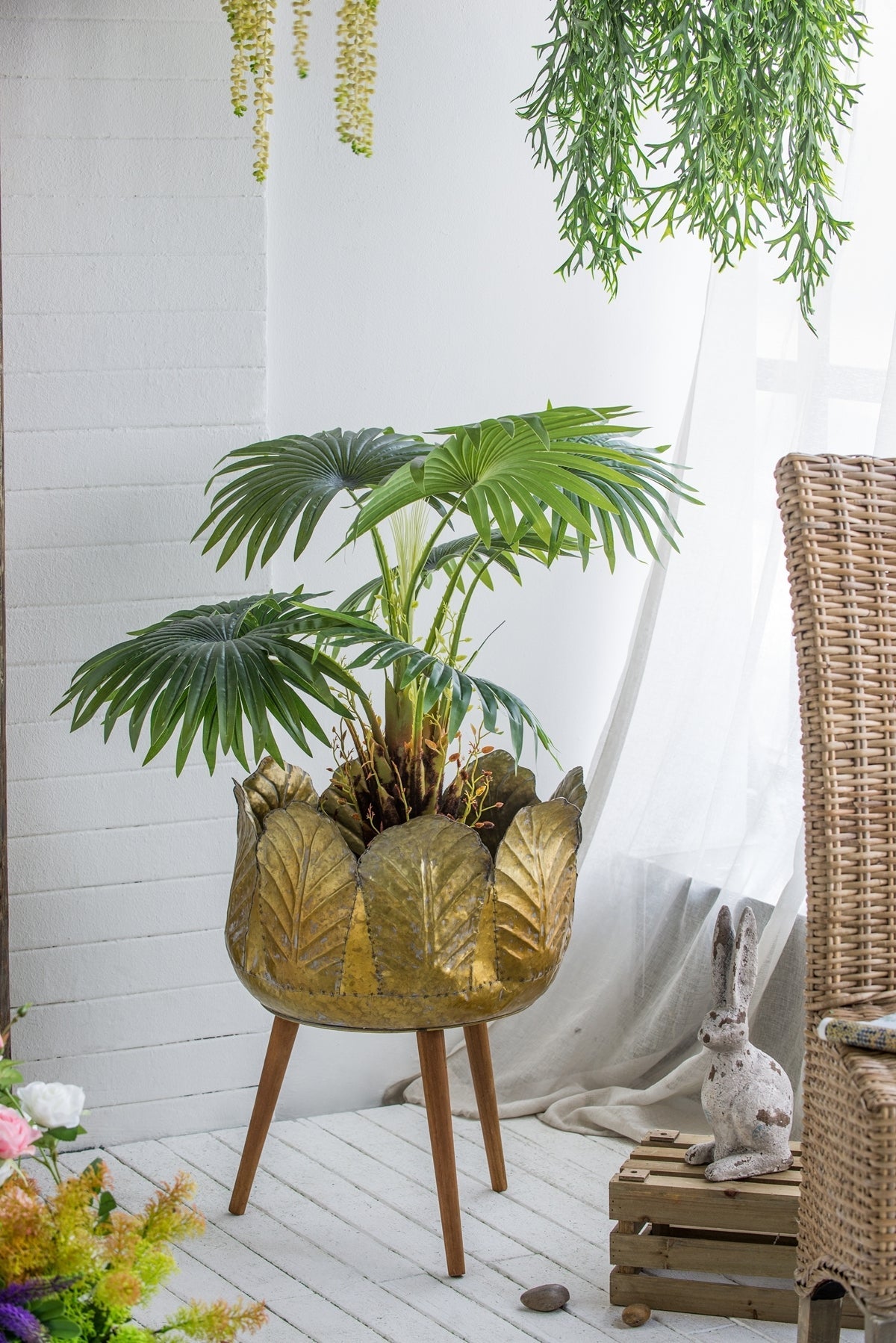 Set of 2 Distressed Metal Planters on Wood Legs, Antique Yellow