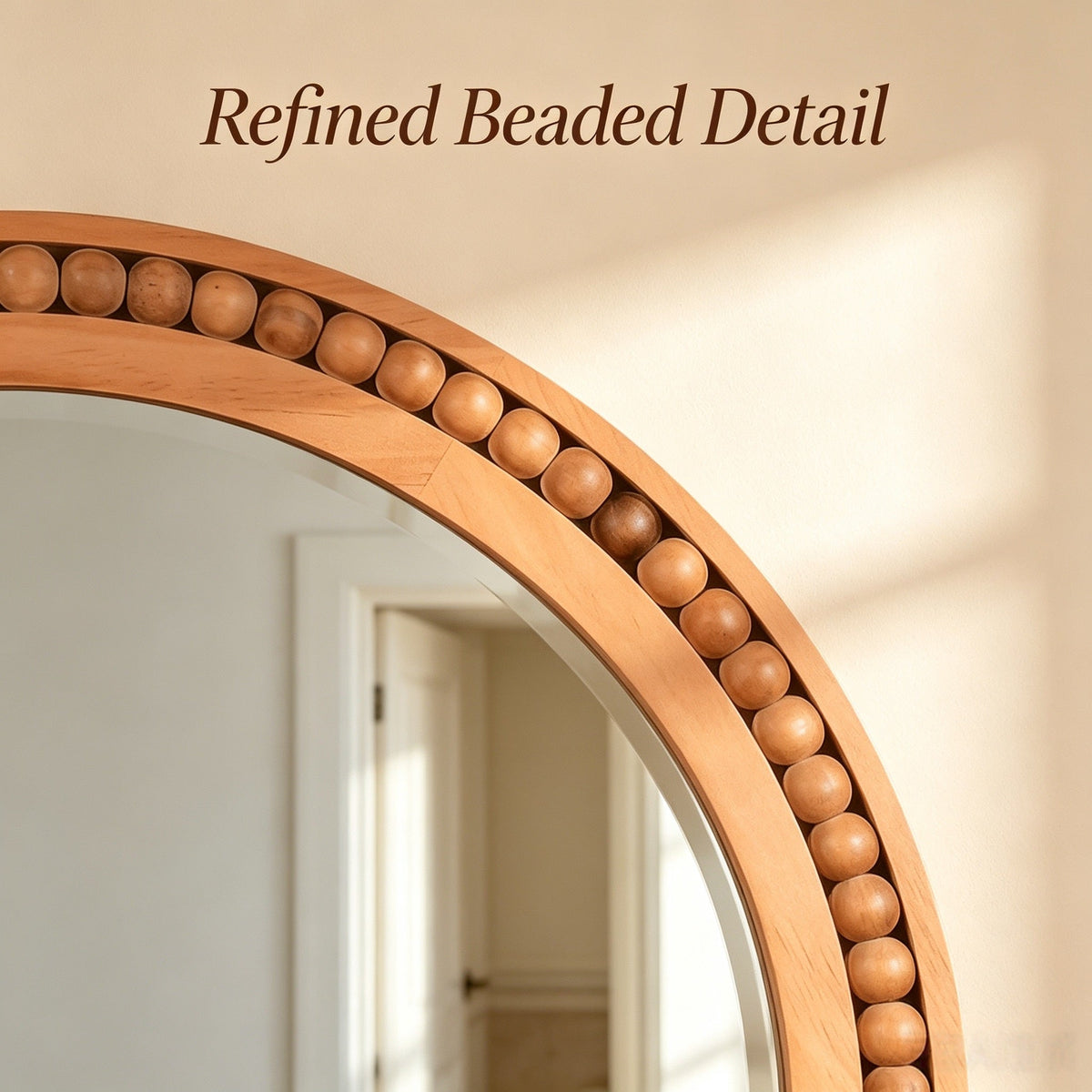 Large Arched Wood Wall Mirror with Beaded Frame for French Country