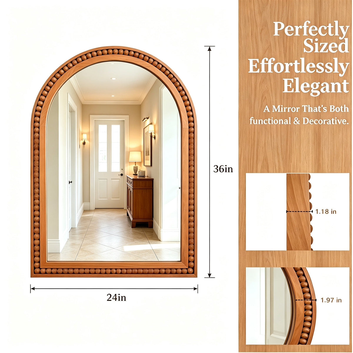 Large Arched Wood Wall Mirror with Beaded Frame for French Country