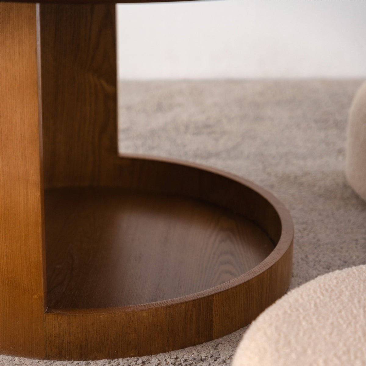 Round Walnut Coffee Table with Three Nesting Teddy Stools for Living