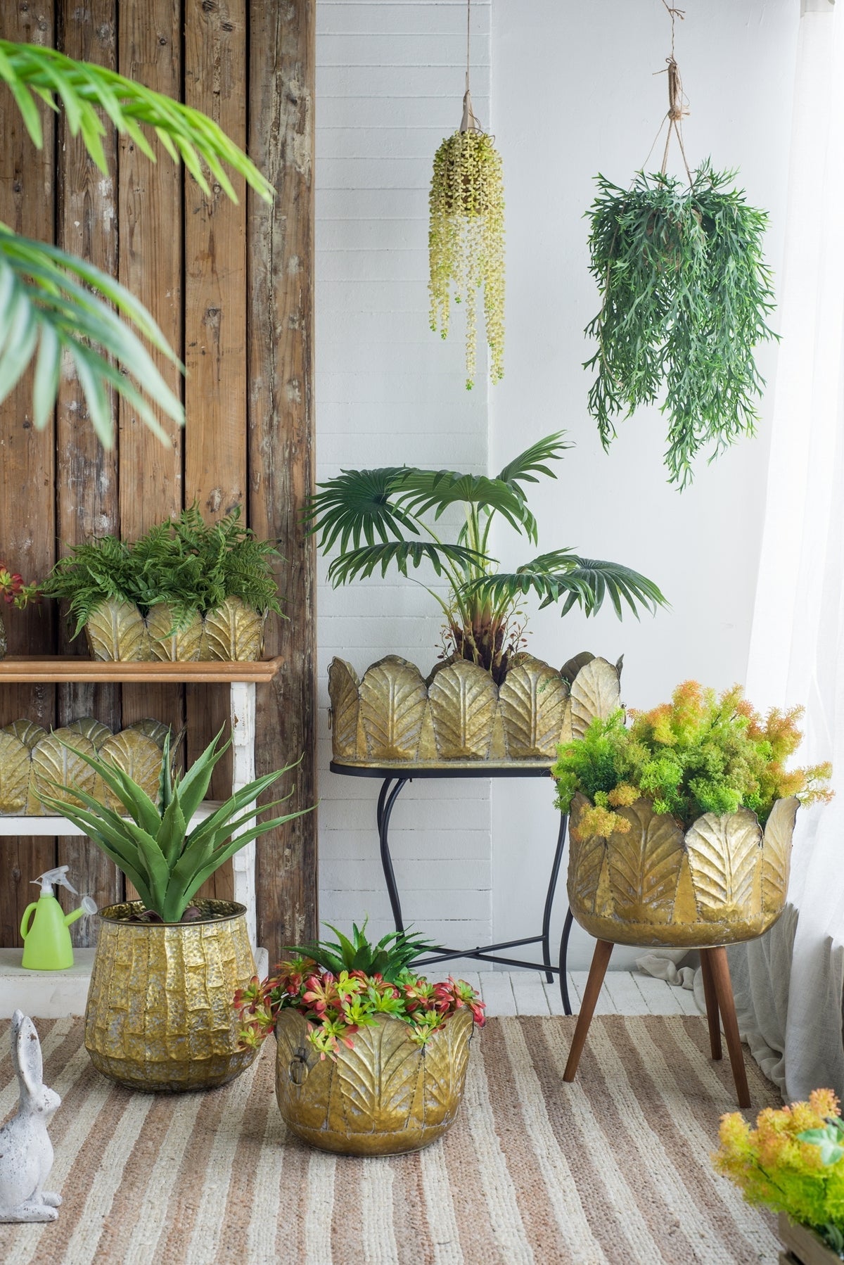 Set of 2 Distressed Metal Planters on Wood Legs, Antique Yellow
