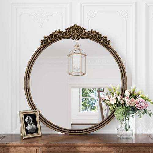 Round Wall Mirror – Ornate Wood Frame Antique Gold 33.27" x 31.5" for