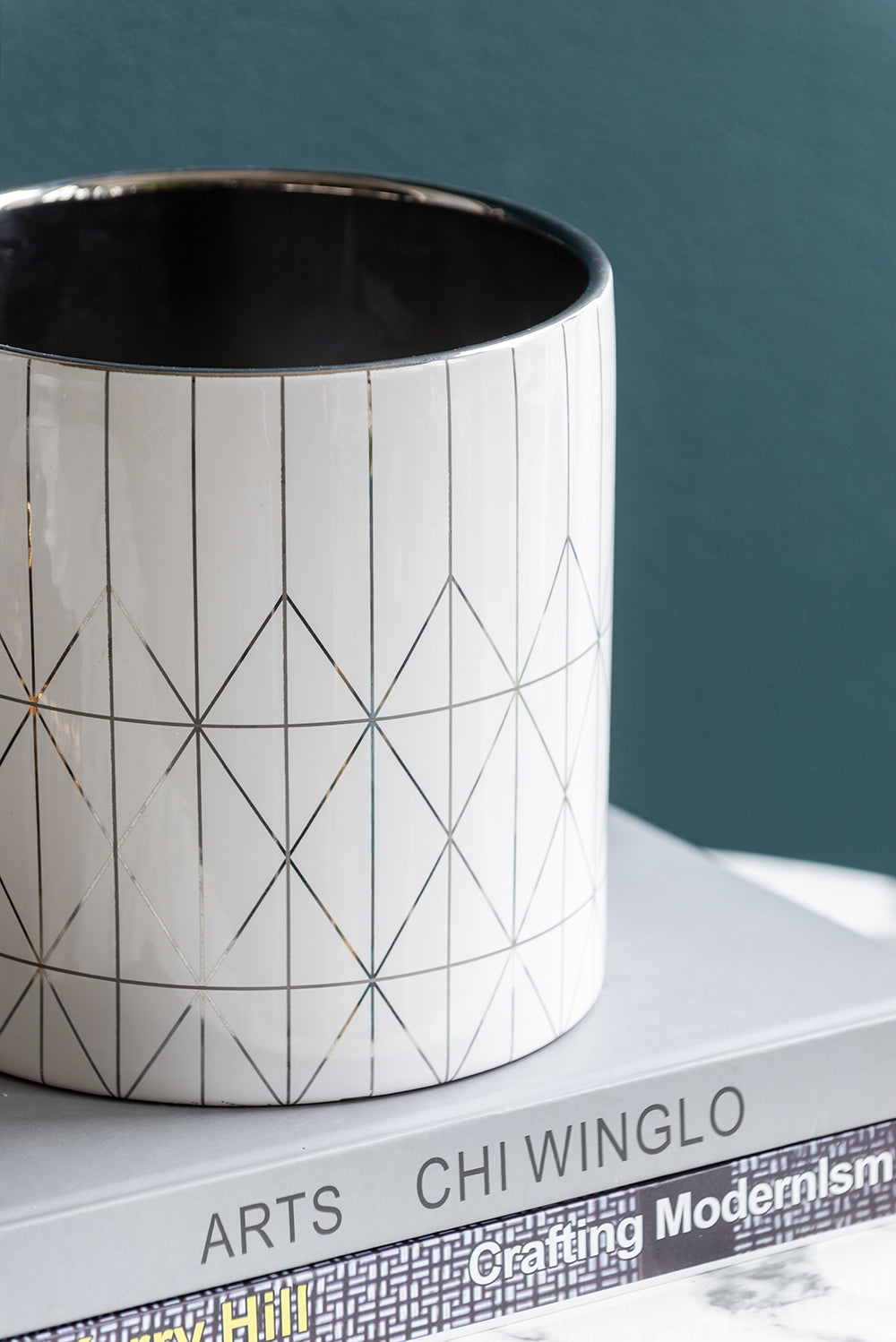 White & Silver Geometric Ceramic Planter, Available in 2 Sizes
