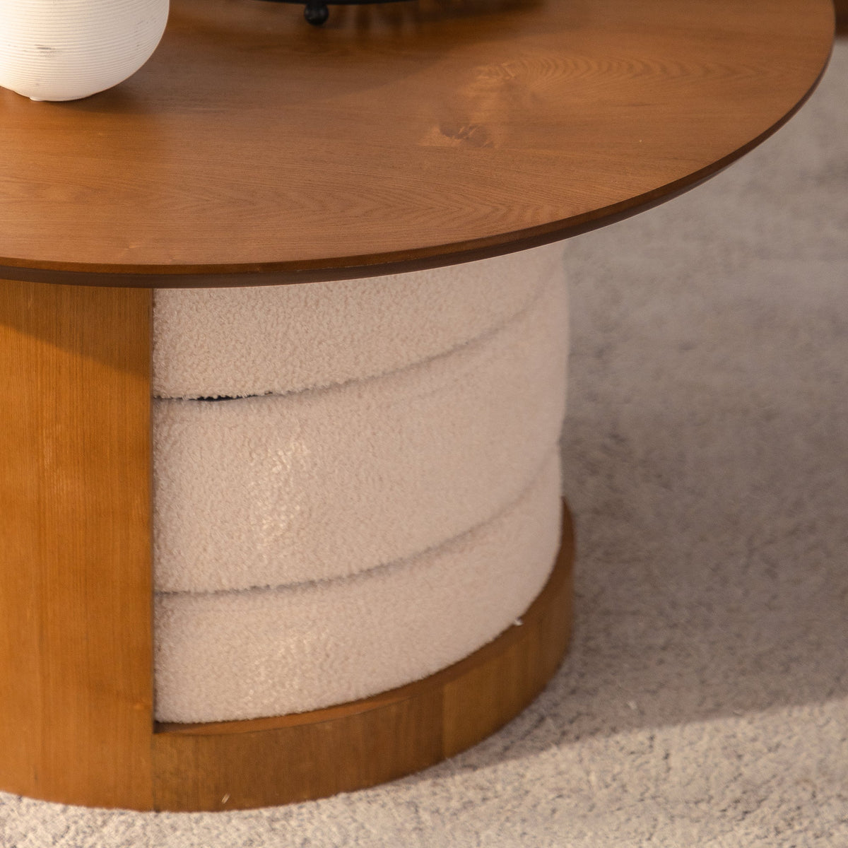 Round Walnut Coffee Table with Three Nesting Teddy Stools for Living