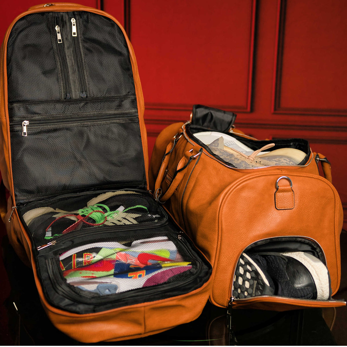 Brown Tumbled Leather Signature Bag Set (Signature Backpack and Duffle Bag)