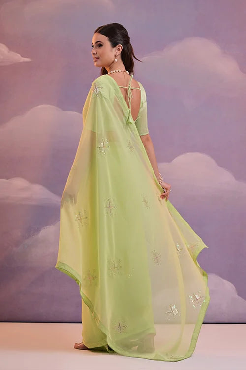 Stylish Floral Embroidered Saree in Parrot Green