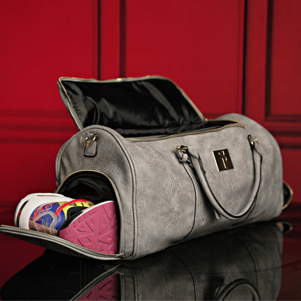 Grey Tumbled Leather Weekender Duffle Bag