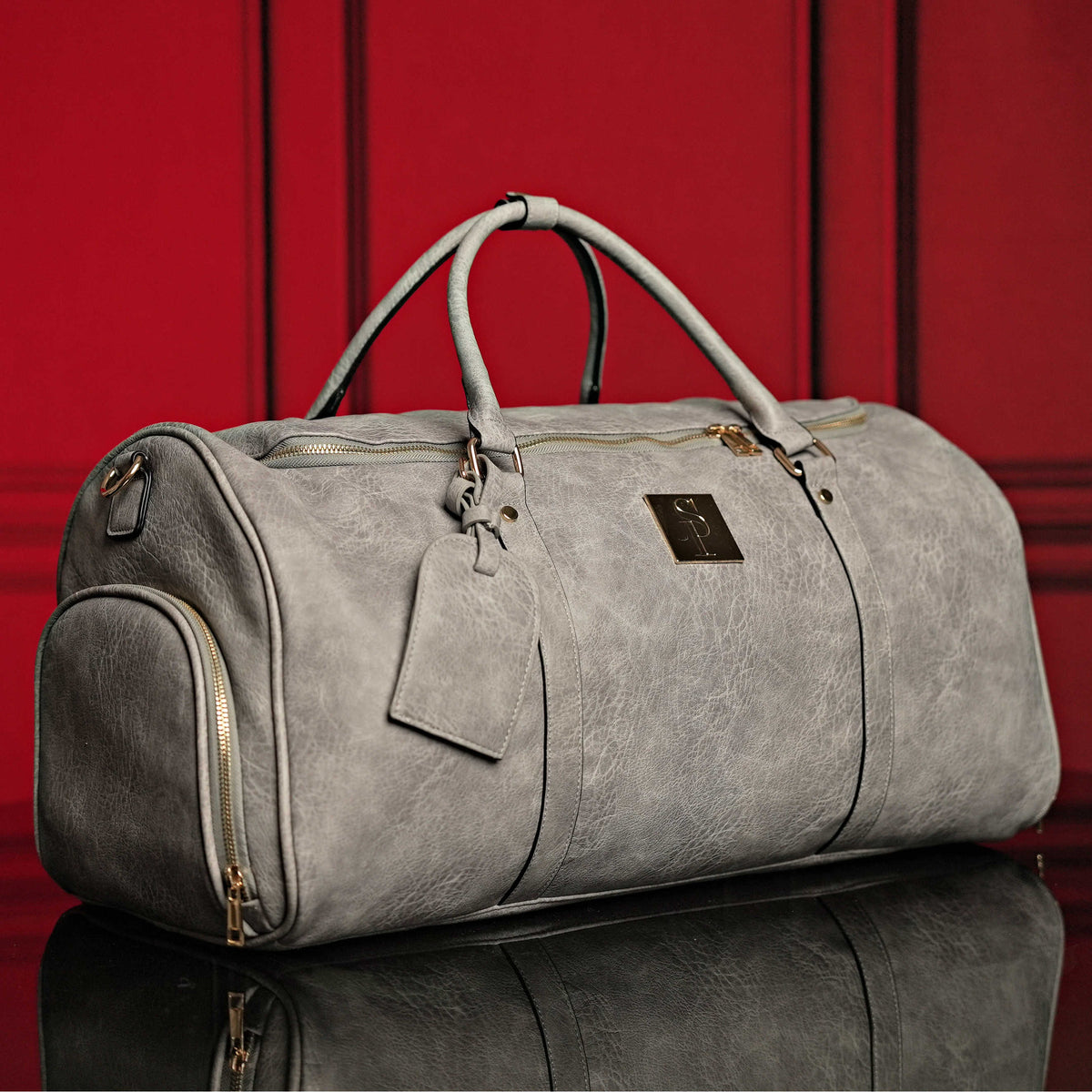 Grey Tumbled Leather Weekender Duffle Bag