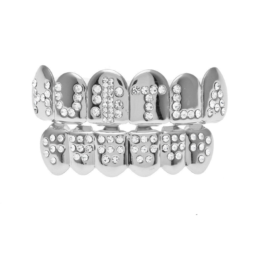 Hip-hop diamond-encrusted and gold-plated teeth grillz