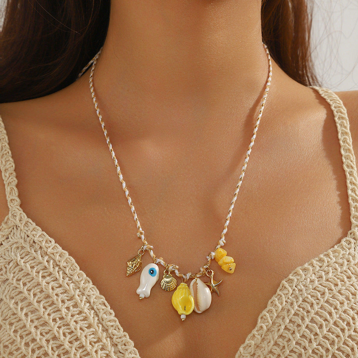 starfish shell necklace colorful rope braided ceramic necklace