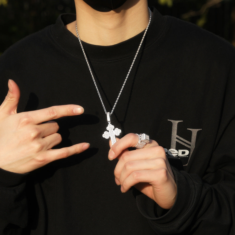 Hip-hop large diamond-encrusted cloud cross pendant