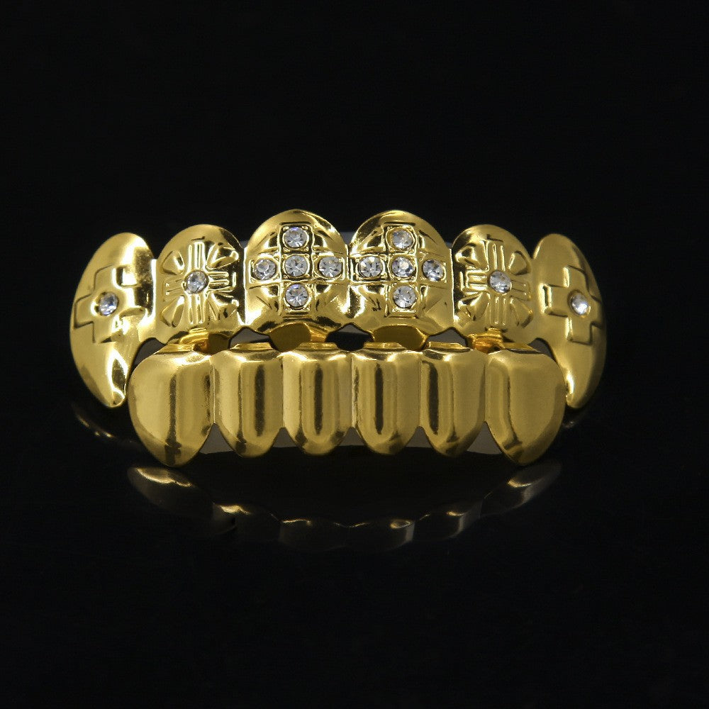 Hip-hop diamond-encrusted and gold-plated teeth grillz