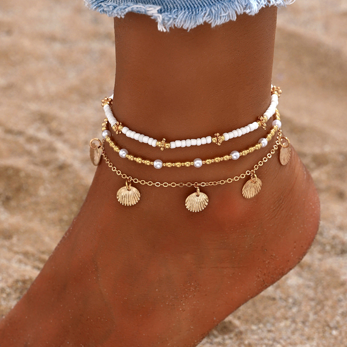 Starfish shell millet beaded anklet three-layer set