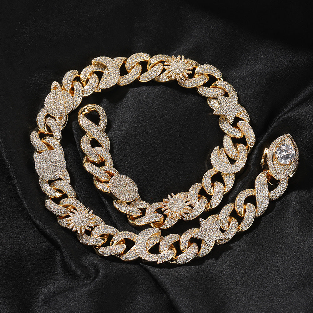 Hip-hop zircon-encrusted sun, star and eye necklace