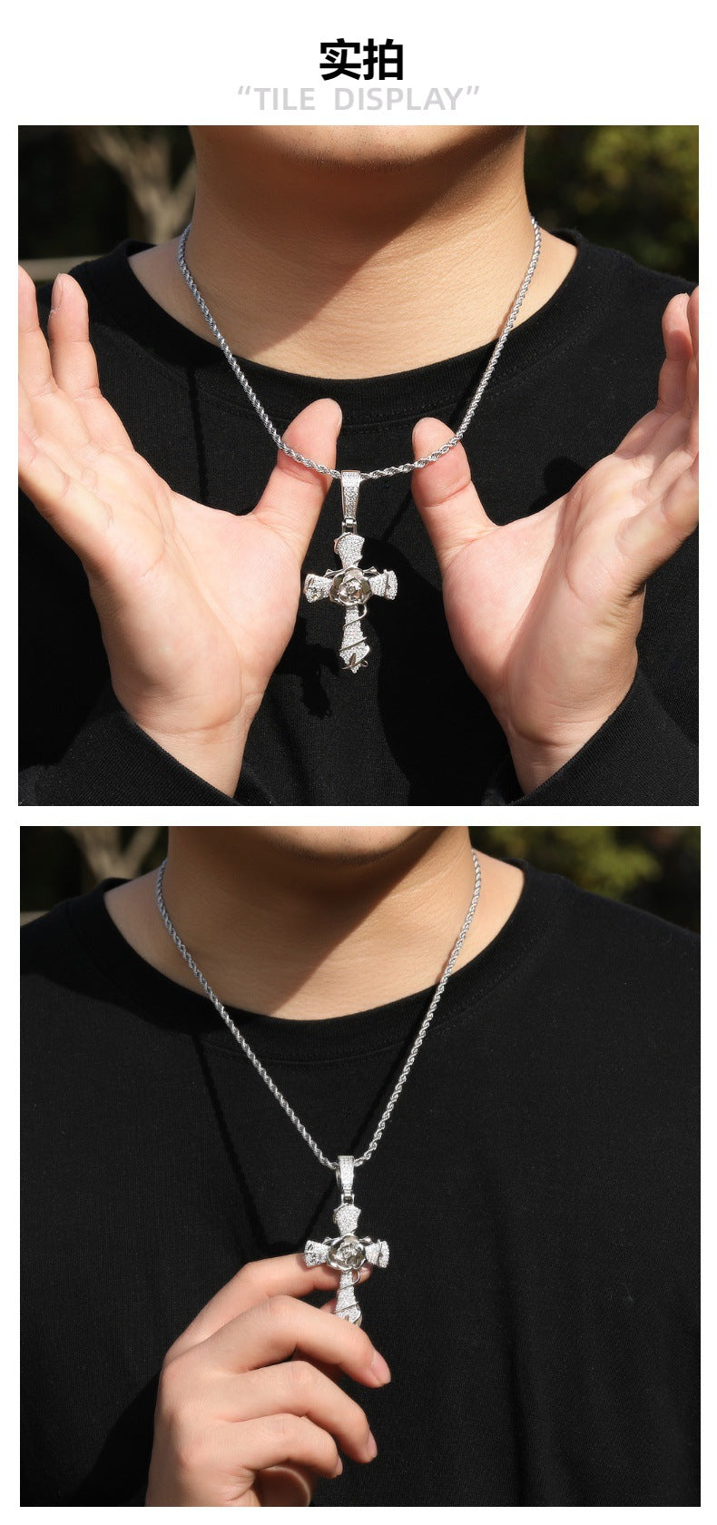 Hip-hop rose cross necklace with 5A zircon inlay