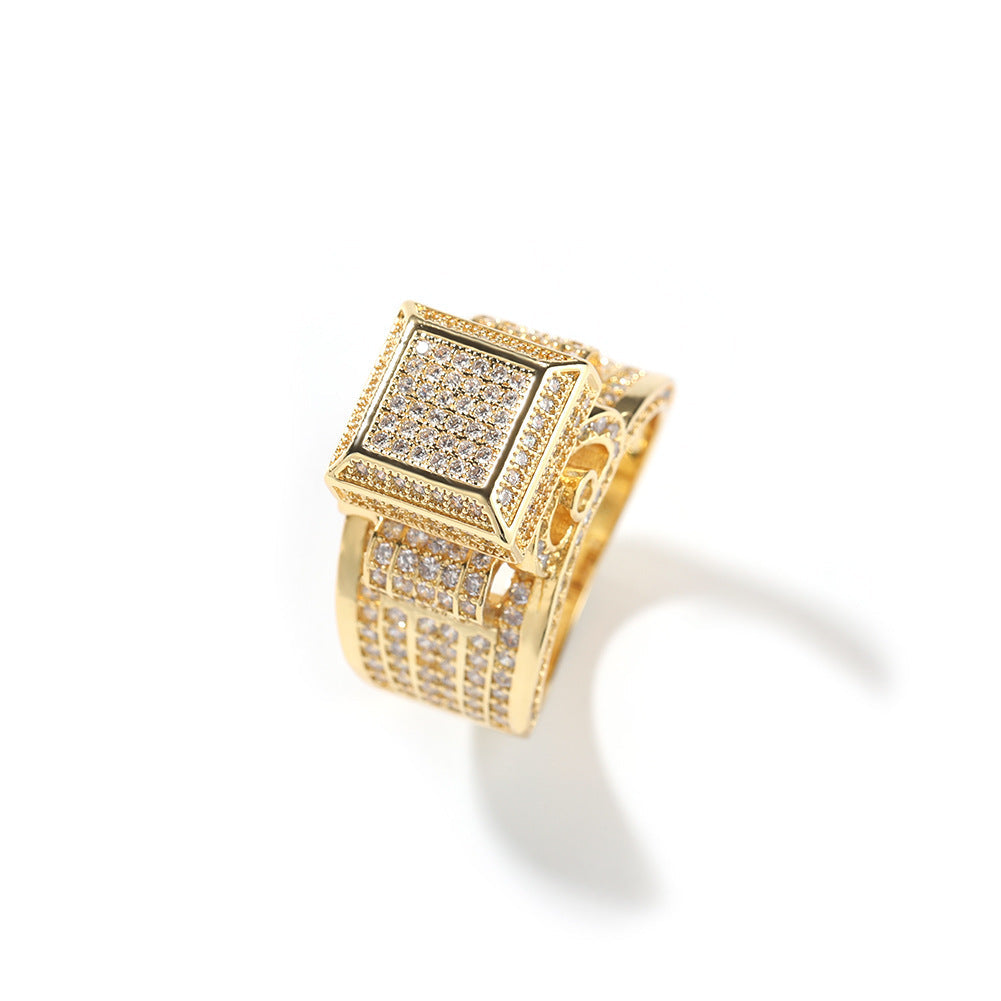 Hip-hop square diamond-encrusted couple ring