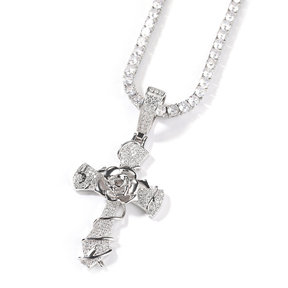 Hip-hop rose cross necklace with 5A zircon inlay