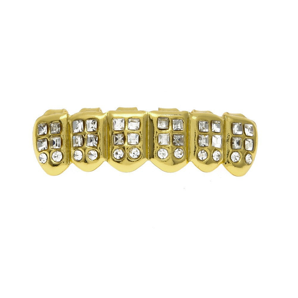 Hip-hop diamond-encrusted and gold-plated teeth grillz