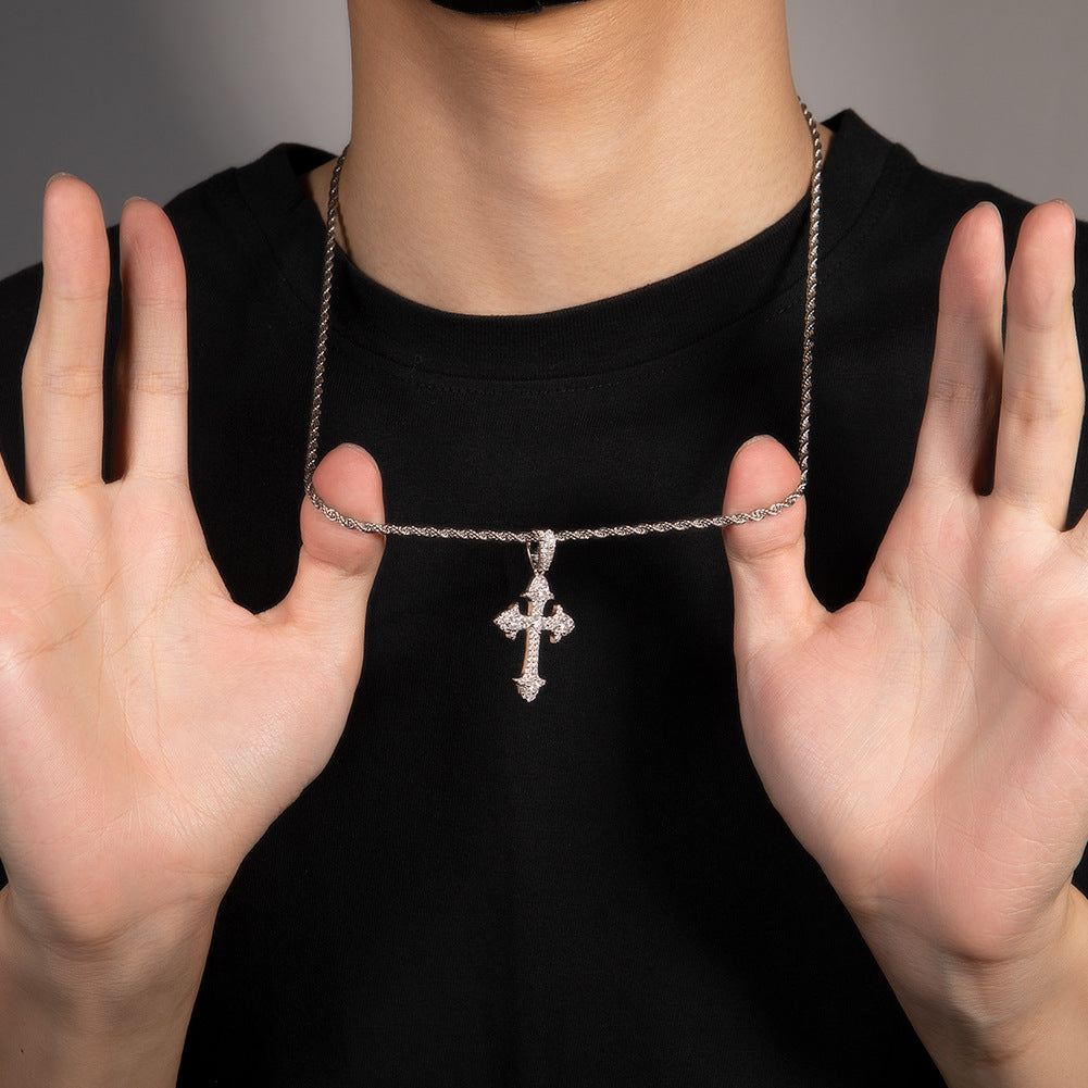 Hip-Hop Diamond-Encrusted Zircon Cross Necklace