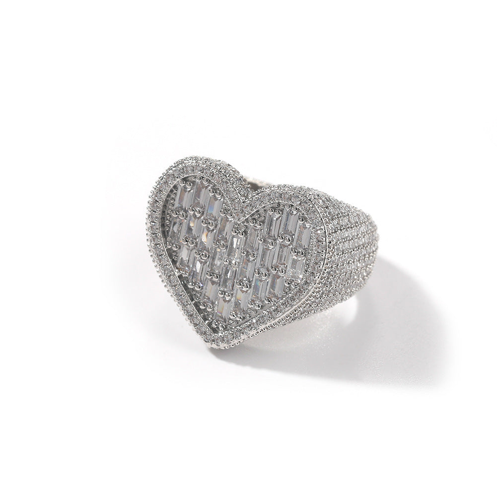 Hip-hop T-square heart-shaped zircon ring