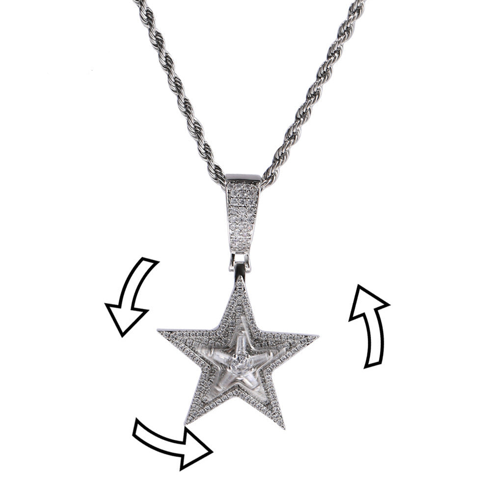 Hip-hop diamond-studded rotating five-pointed star necklace