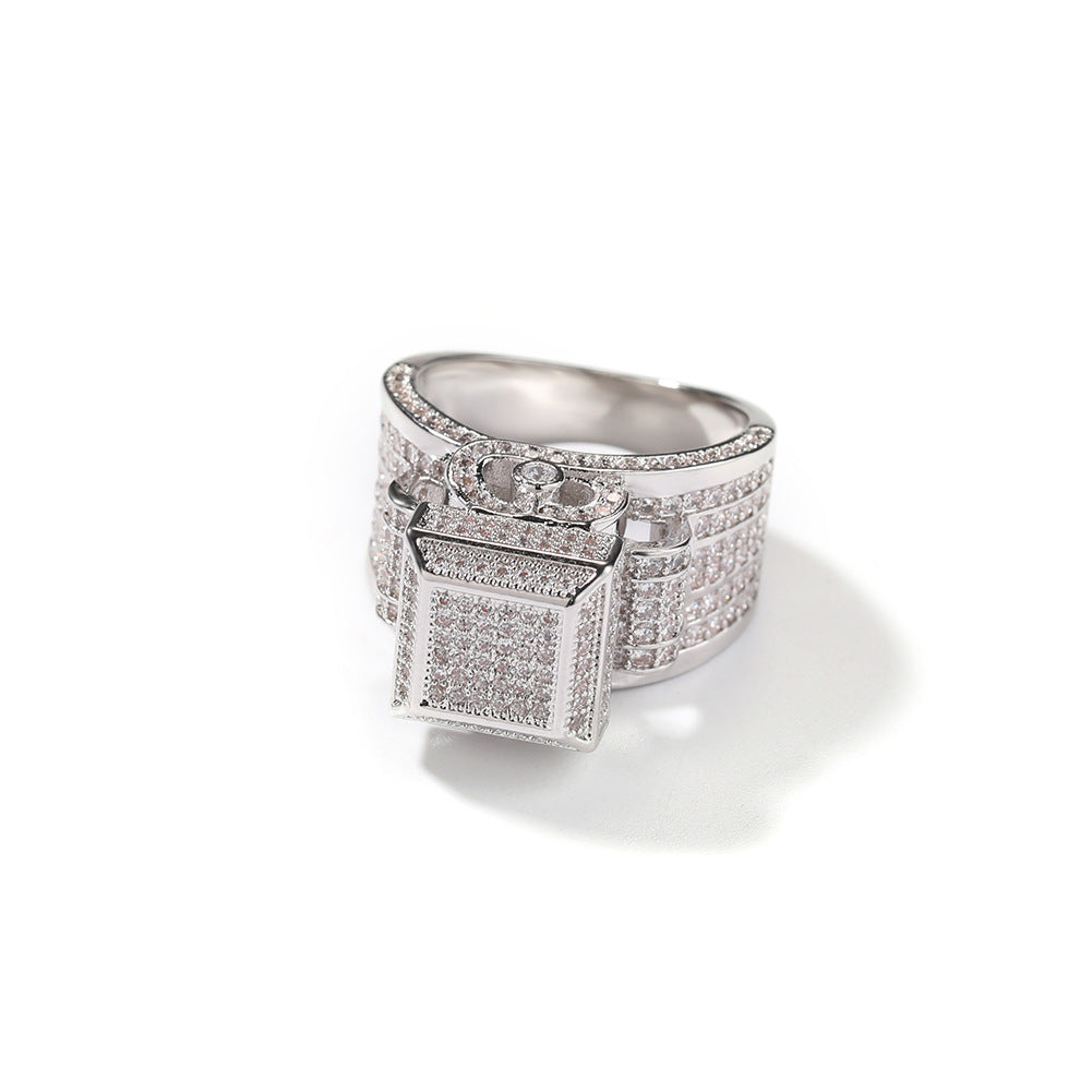 Hip-hop square diamond-encrusted couple ring
