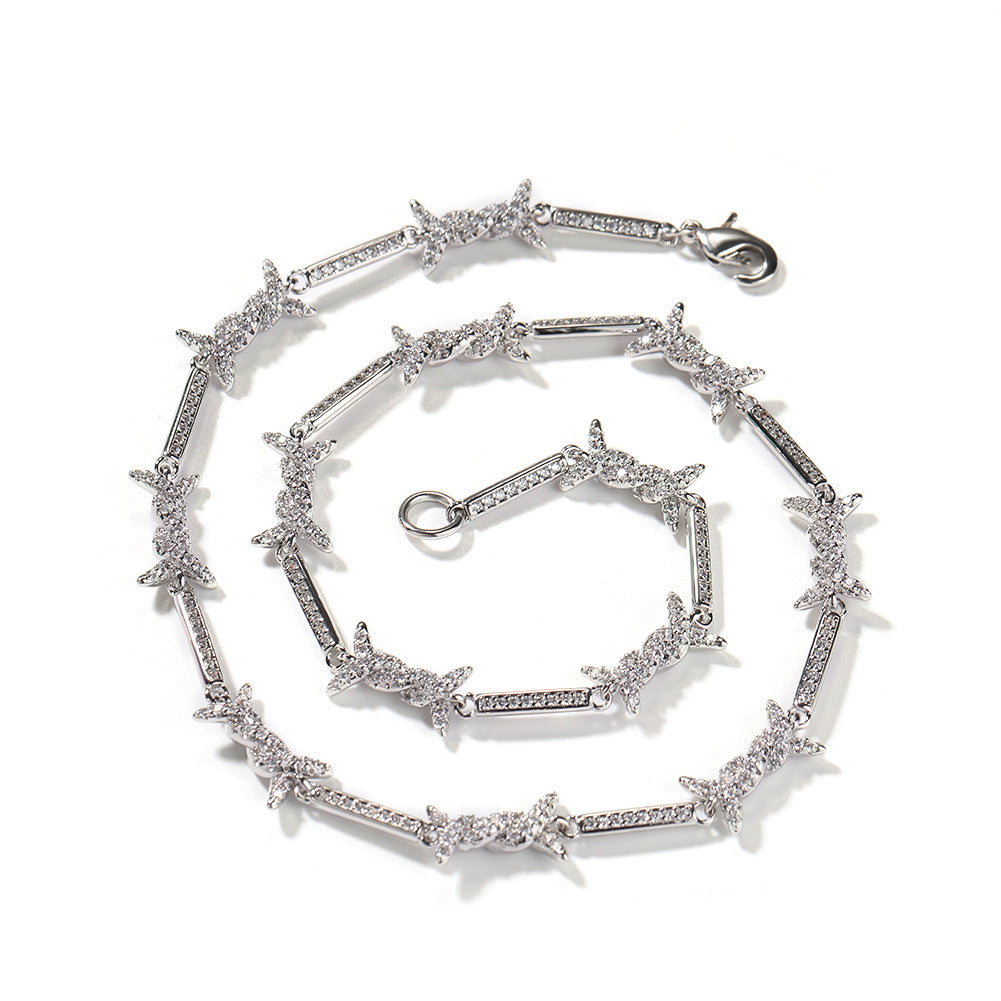 Hiphop zircon-encrusted barbed wire necklace