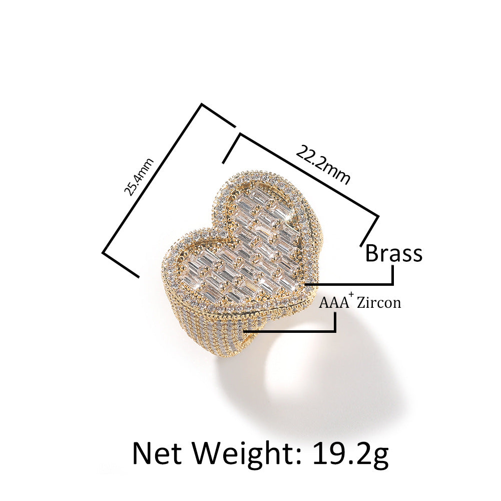 Hip-hop T-square heart-shaped zircon ring