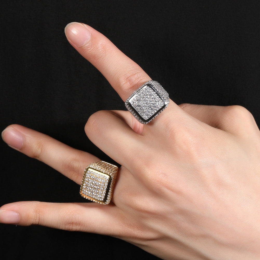 Hip-hop large square ring with zircon