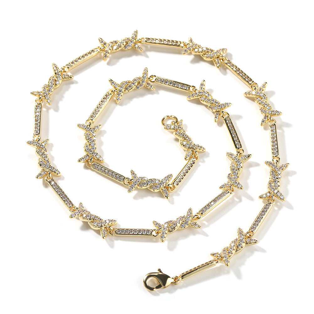 Hiphop zircon-encrusted barbed wire necklace