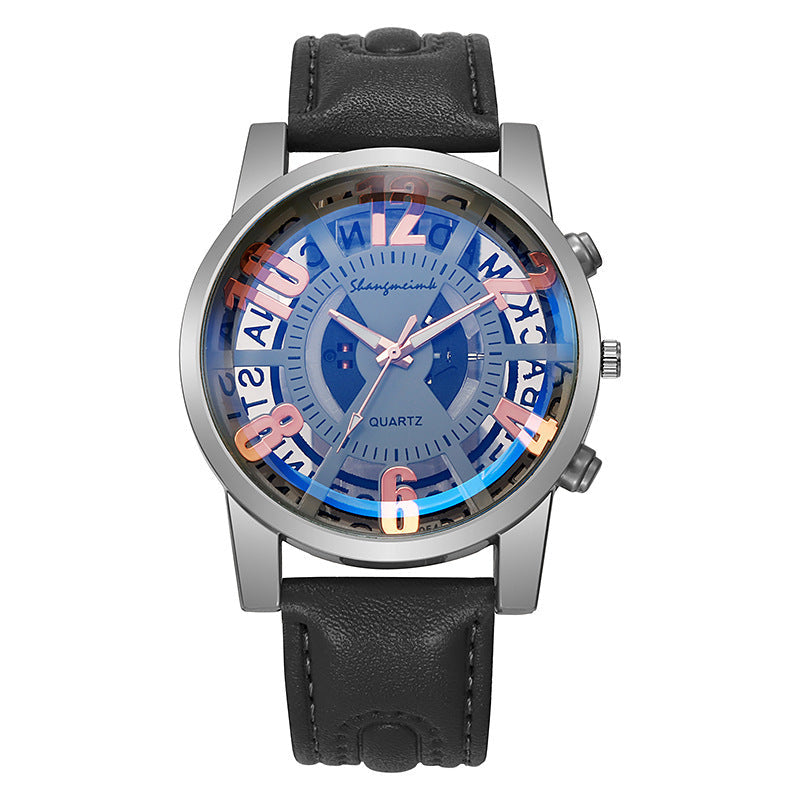 Large-dial, hollow-out blue-light men's watch.