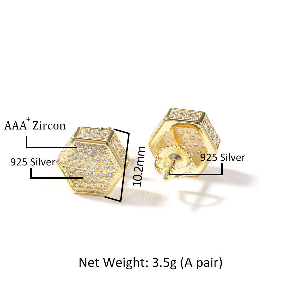 Hip Hop diamond-encrusted 925 silver stud earrings