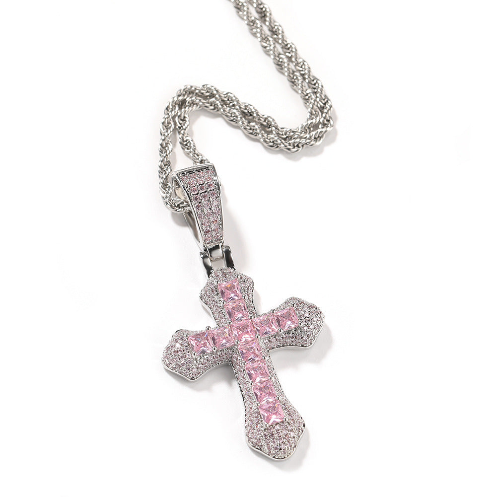 Hip-hop copper-inlaid purple zircon cross necklace
