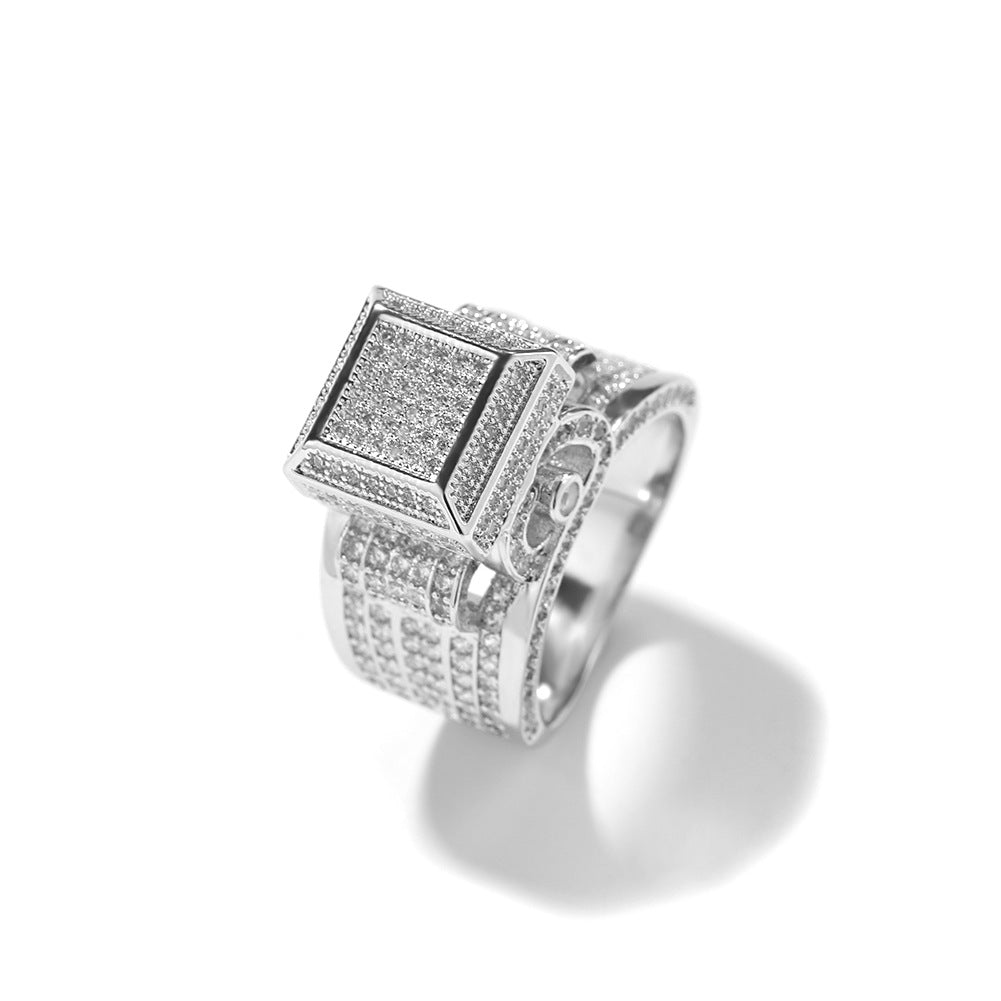 Hip-hop square diamond-encrusted couple ring