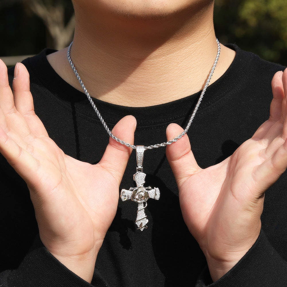 Hip-hop rose cross necklace with 5A zircon inlay