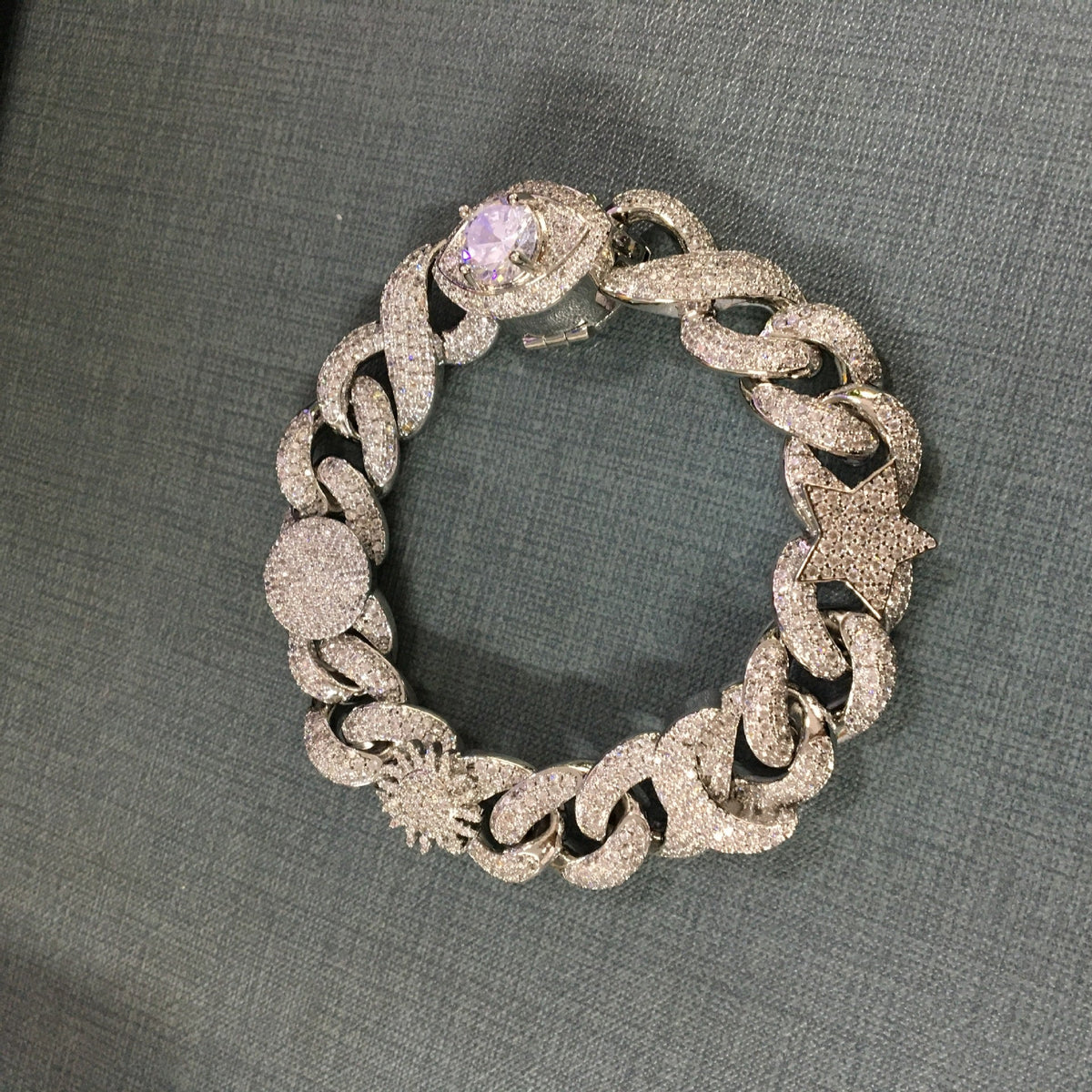 Hip-hop zircon-encrusted sun, star and eye necklace