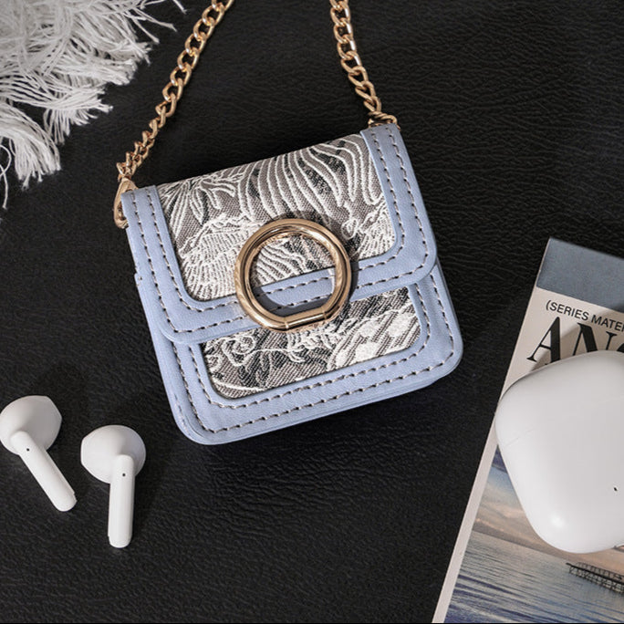 Retro Jacquard Mini Headphone Bag-Blue