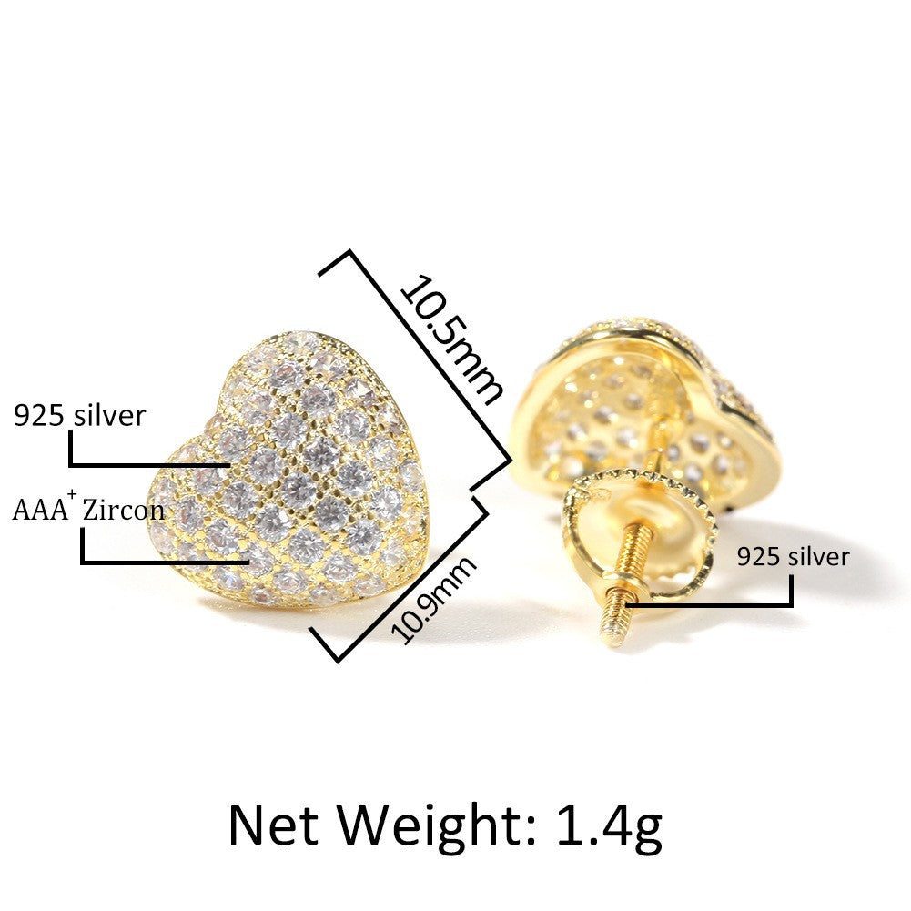 Hip Hop diamond-encrusted 925 silver stud earrings