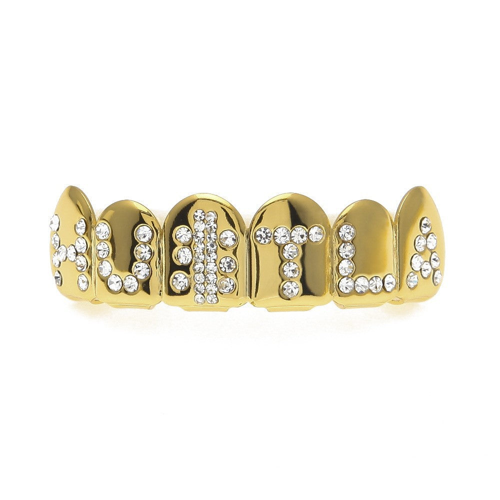 Hip-hop diamond-encrusted and gold-plated teeth grillz