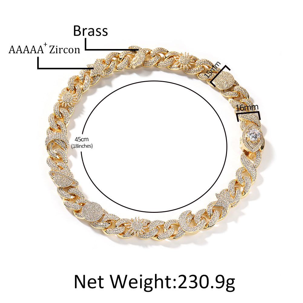 Hip-hop zircon-encrusted sun, star and eye necklace